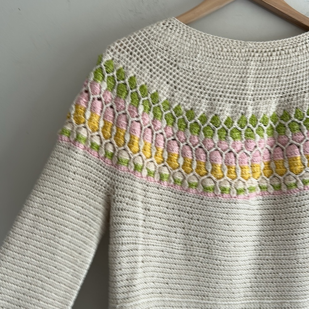 Cream Multi Color Crochet Cotton Crew Neck Sweater Women's Size LG - Picture 9 of 11